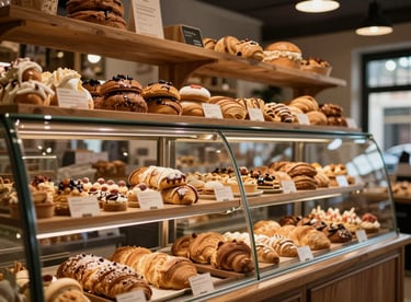 The interior of a warm, inviting boulangerie with wooden shelves and soft ambient lighting.