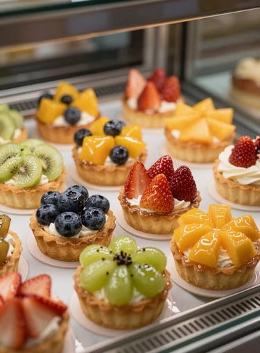 Assorted colorful fruit tarts with glossy glaze in a boutique display case.