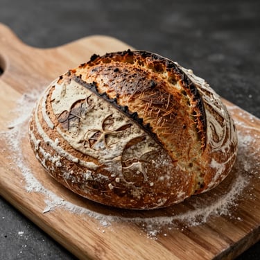 A rustic sourdough loaf with a beautifully scored crust on a floured wooden board.