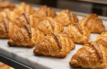 Close-up of golden, flaky croissants arranged on a marble pastry counter.