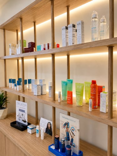 Productos profesionales para el cuidado de la piel, como SVR y Tizo, expuestos en estantes de madera