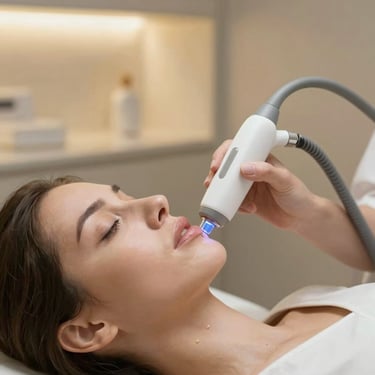 Close-up of a laser device gently treating a client's lower leg in a modern clinic.