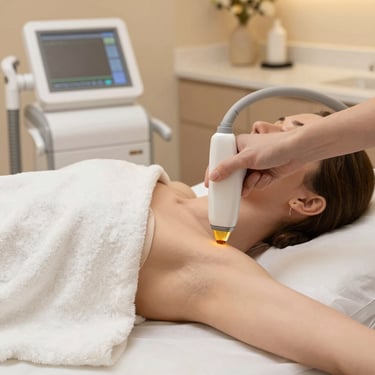 Smiling woman relaxing during a laser hair removal session on her arms.