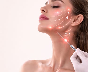 A woman undergoing a laser skin tightening and facial rejuvenation treatment with glowing guide arrows.