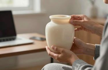 A close-up of a professional counselor's hands holding a warm alabaster ceramic urn in a quiet, sunlit North American / US office space.