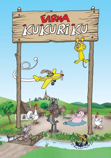 Cartoon farm animals including a wolf, pig, and rabbit on Farma Kukuriku with a wooden sign.
