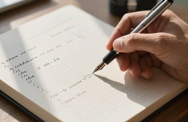 A hand holding a silver fountain pen over a graph paper notebook filled with tidy statistical notations, soft morning light.