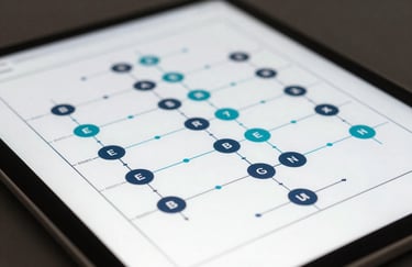 Professional blueprint of an energy grid on a digital tablet, sharp focus, technical and innovative feel, colors #0B1A2A and #2C5D6C.