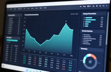 High-tech data visualization of energy consumption and fiscal metrics on a screen, clean and professional design.