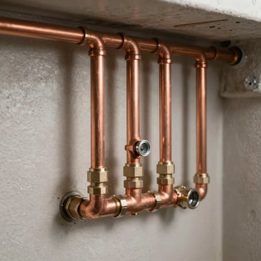 A clean, detailed shot of masterfully installed copper pipes and valves in a North American basement, exhibiting precise craftsmanship and professional quality.