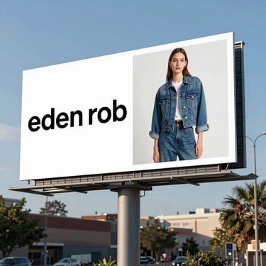 A striking billboard featuring crimson and black colors illuminated at dusk.