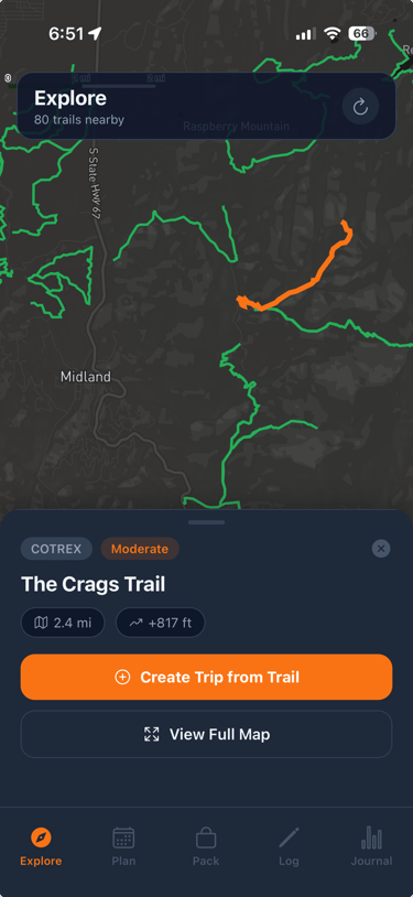 Phone screen image with trail searching and trip planning.