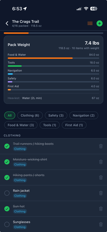 Phone screen showing hiking gear checklist and weight.