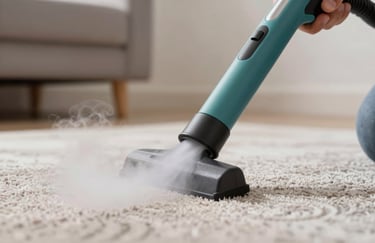 Close-up of a professional steam cleaning nozzle discharging high-pressure steam onto a luxury rug. The focus is on the powerful cleaning action and professional-grade tools. Modern aesthetic with brand colors #3A6B6C and #82B2B3.