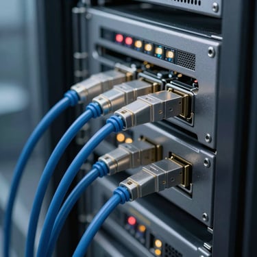 Close-up of high-speed data cables and server lights in a clean, professional Brazilian data center, featuring steel blue and muted blue colors.