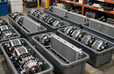 A wide-angle interior photograph of a clean, organized automotive salvage warehouse in the US, with rows of radiators and alternators in grey bins.