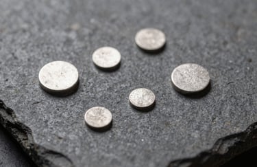 A detailed close-up photography of platinum and palladium metal samples on a dark grey stone surface, representing the purity of the assay process.
