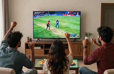A vibrant indoor scene in an Indian home where a group of friends is cheering excitedly while watching a live cricket match on a large modern television screen.