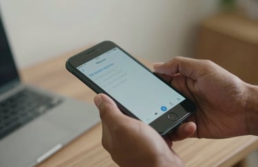 A close-up shot of a person's hands in a South Asian setting using a mobile app to make a quick digital payment, with soft focus on the gold and steel blue tones of the room.