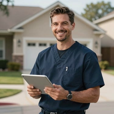 A smiling technician in a professional uniform holding a digital tablet in a North American / US suburban driveway, looking reliable and efficient.