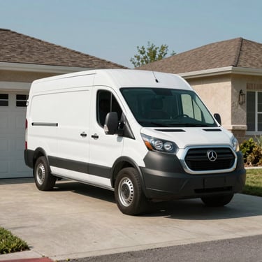 A professional white service van with muted teal branding parked in a sunny North American / US residential driveway next to a clean garage.