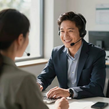 A focused South American professional wearing a headset and smiling while helping a client. The setting is a clean, modern workstation with soft sunlight through a window.