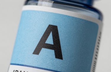 A macro photograph of a sharp, high-resolution label printed for a pharmaceutical bottle, featuring muted sky blue tones, clean typography, soft bokeh background.
