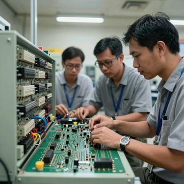 Southeast Asian electrical engineers working collaboratively on a large circuit panel in a well-lit facility.