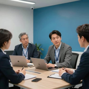 A professional meeting between technical consultants in a modern office with YInMn Blue wall accents.