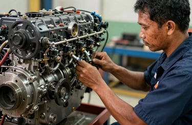 A Southeast Asian / Indonesian technician in uniform performing maintenance on a complex mechanical engine. The image captures hands-on expertise and a professional, reliable service mood. Warm lighting.