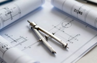 A close-up of professional engineering blueprints and a silver compass on a clean desk. The style is professional and clean, with a focus on meticulous technical planning. Crisp Parchment and YInMn Blue accents.