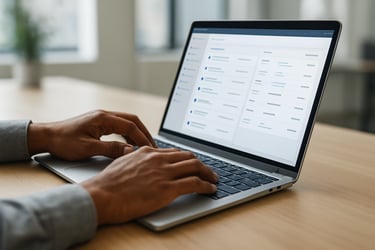 A close-up of hands typing on a sleek laptop keyboard in a bright office, displaying a clean CRM software interface, South Asian / Indian workspace.