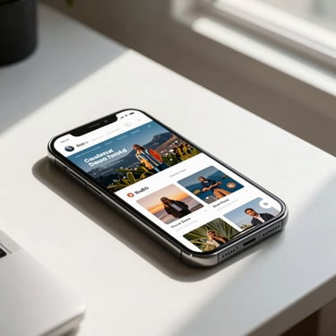 A high-end smartphone on a white desk displaying a vibrant website interface, South African light filtering through a window.