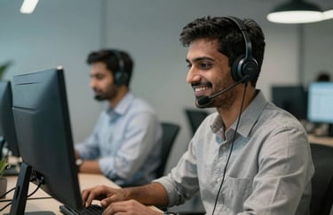 A friendly professional in a modern tech support center with Global / Indian-influenced features, wearing a headset and smiling while working.