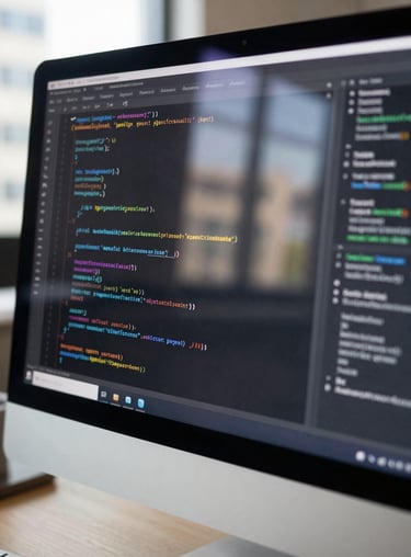 Close-up photography of a modern computer screen displaying clean code, reflecting the light of a bright Minneapolis morning in a professional North American / US urban office setting, innovative and cutting-edge aesthetic.