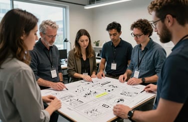 Photography of a group of professionals in Minneapolis standing around an active storyboard with various sketches and notes, North American / US creative studio, collaborative atmosphere, modern professional attire.