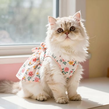 Gatito blanco con vestido floral