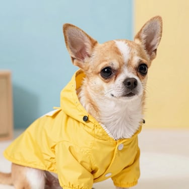 Chihuahua de color blanco y café vistiendo un impermeable amarillo con capucha 