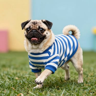 pug vistiendo una playera de rayas horizontales azules y blancas sobre un fondo de tonos pastel