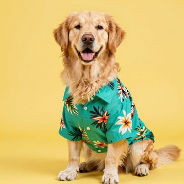Golden Retriever sentado frente a un fondo amarillo, vistiendo una camisa playera de color verde agua con estampado floral