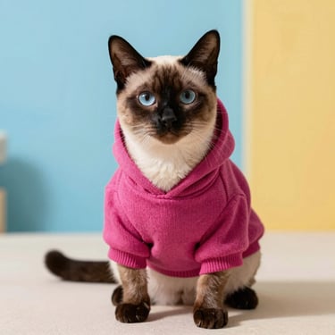 Siamés de ojos azules vistiendo una sudadera con capucha de color rosa mexicano sobre un fondo dividido en azul y amarillo