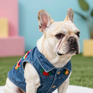 Perro bulldog francés de color claro mirando de perfil, vistiendo un chaleco de mezclilla con bordados florales de colores 