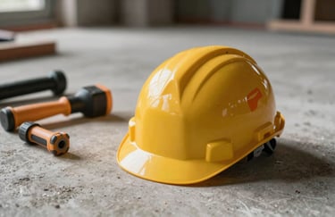 Close-up photography of high-quality construction tools and a protective helmet with a bright orange logo, resting on a clean concrete floor in a Northern European / Finnish building site. Soft natural lighting, deep charcoal shadows, and a clean, professional aesthetic.