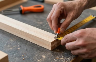 Action photography of a professional's hands measuring a wooden joint with surgical precision. The scene is set in a modern Northern European / Finnish workshop. Strong contrasts between the light wood, deep charcoal workbench, and a bright orange measurement tool.
