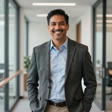 A professional portrait of a smiling North American expert in business casual attire, standing in a bright, modern office corridor, confident and approachable vibe.