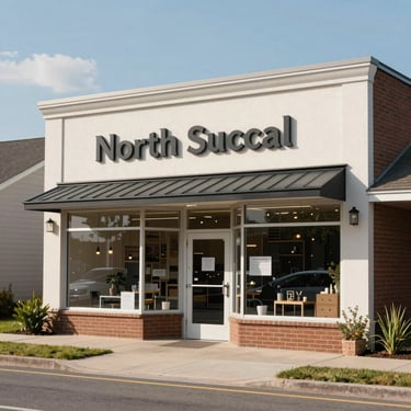 A high-resolution photograph of a charming, modern North American local storefront in a clean suburban neighborhood, bright daylight, representing small business success.