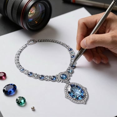 Detailed view of a hand sketching a bespoke necklace design on professional paper next to loose gemstones.