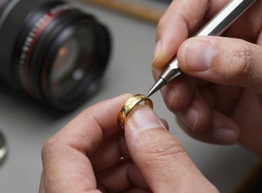 Close-up of intricate engraving work being applied to a gold wedding band by an expert craftsman.