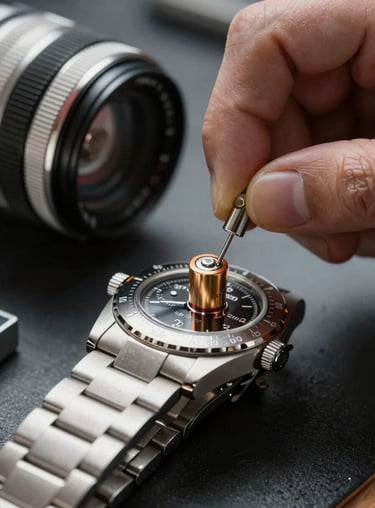 Close-up of a watch battery replacement being performed on a high-end stainless steel chronograph.
