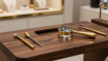 Macro photography of a master jeweler in a North American / US studio setting a brilliant diamond into a custom gold ring.
